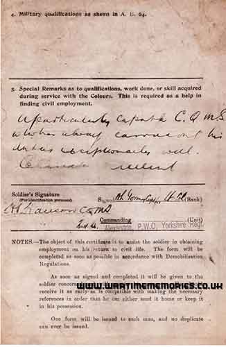 <p>Certificate of Employment During The War (Back)